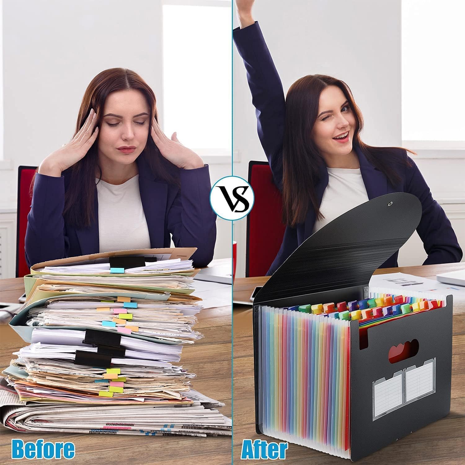 LITTLEBYLITTLE 24-pocket expanding accordion file folder in black with rainbow colored tabs