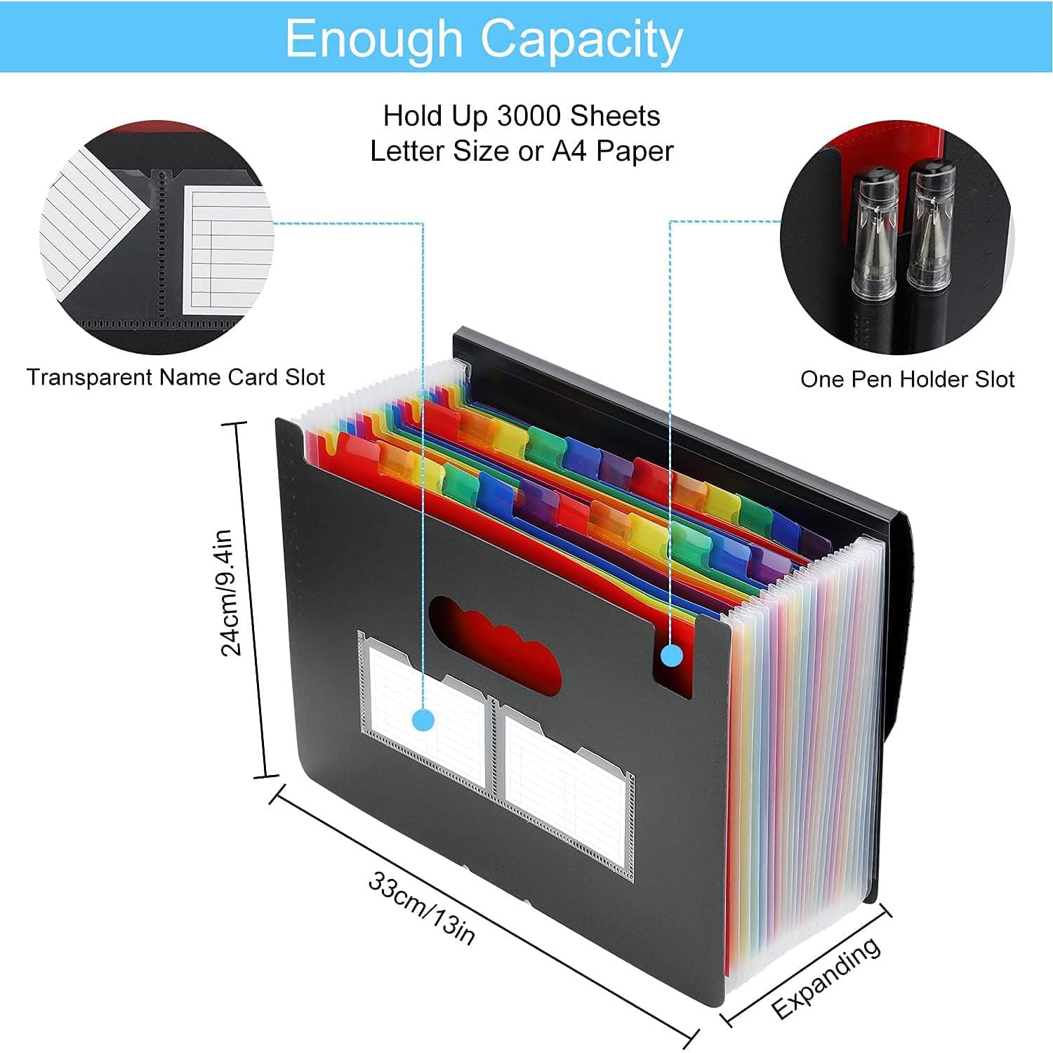 LITTLEBYLITTLE 24-pocket expanding accordion file folder in black with rainbow colored tabs