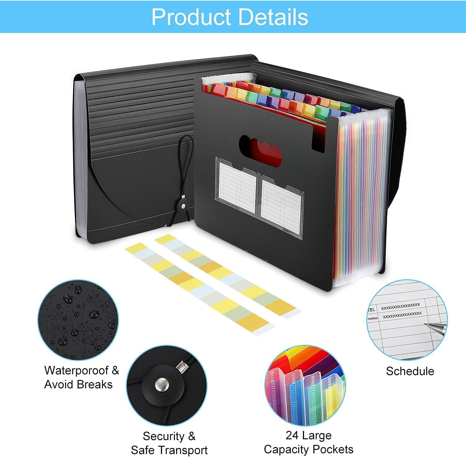 LITTLEBYLITTLE 24-pocket expanding accordion file folder in black with rainbow colored tabs