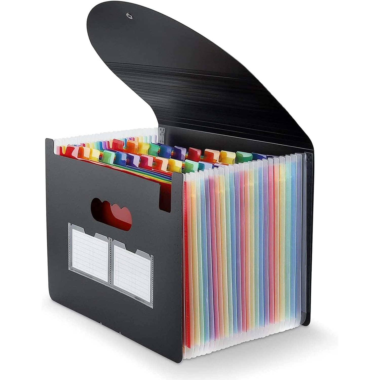 LITTLEBYLITTLE 24-pocket expanding accordion file folder in black with rainbow colored tabs