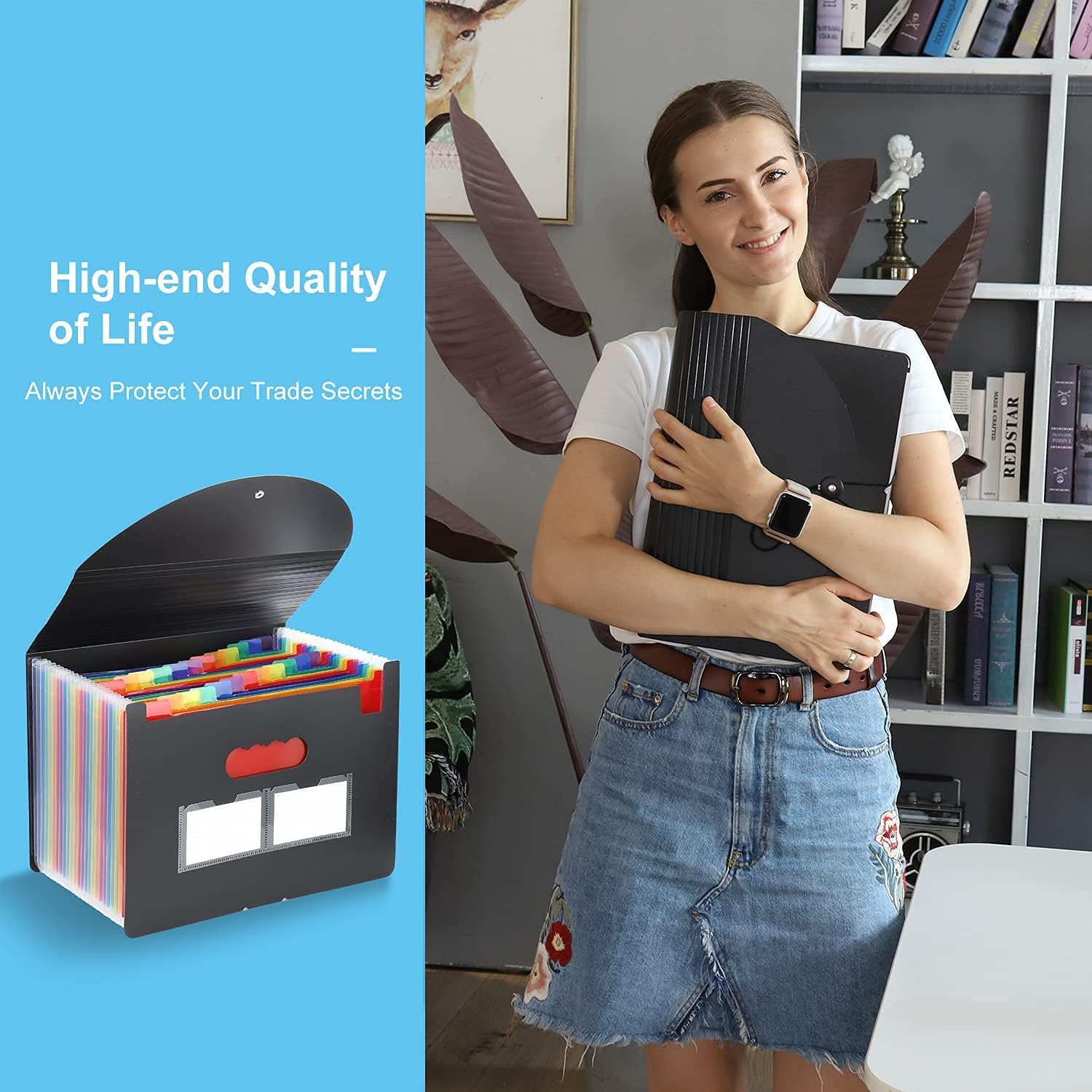 LITTLEBYLITTLE 24-pocket expanding accordion file folder in black with rainbow colored tabs