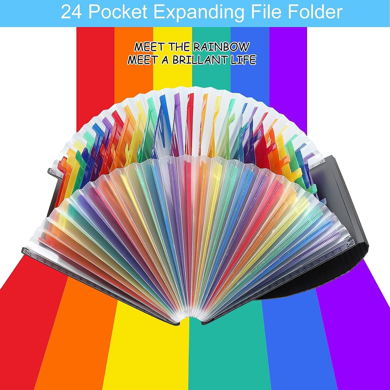 LITTLEBYLITTLE 24-pocket expanding accordion file folder in black with rainbow colored tabs